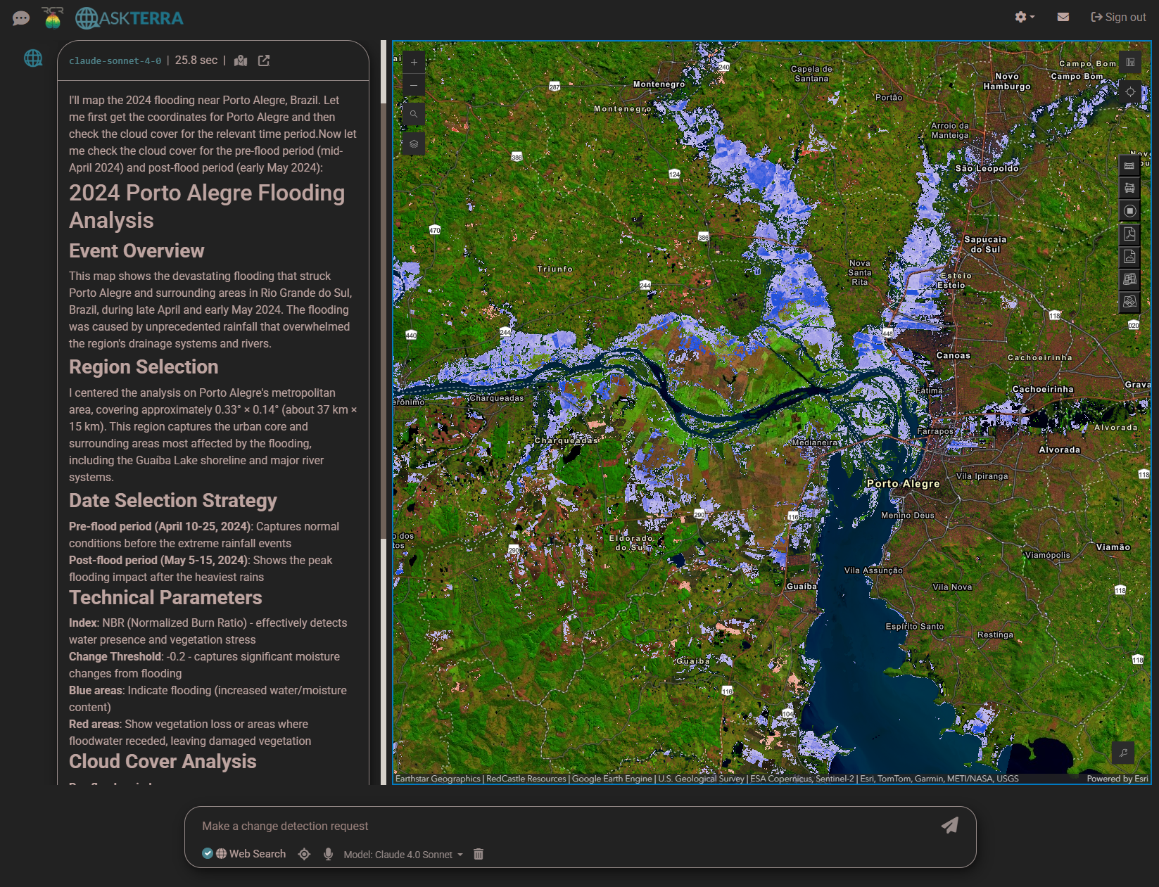 ASKTERRA satellite change detection map showing flooding in Porto Alegre Brazil using Sentinel-2 imagery